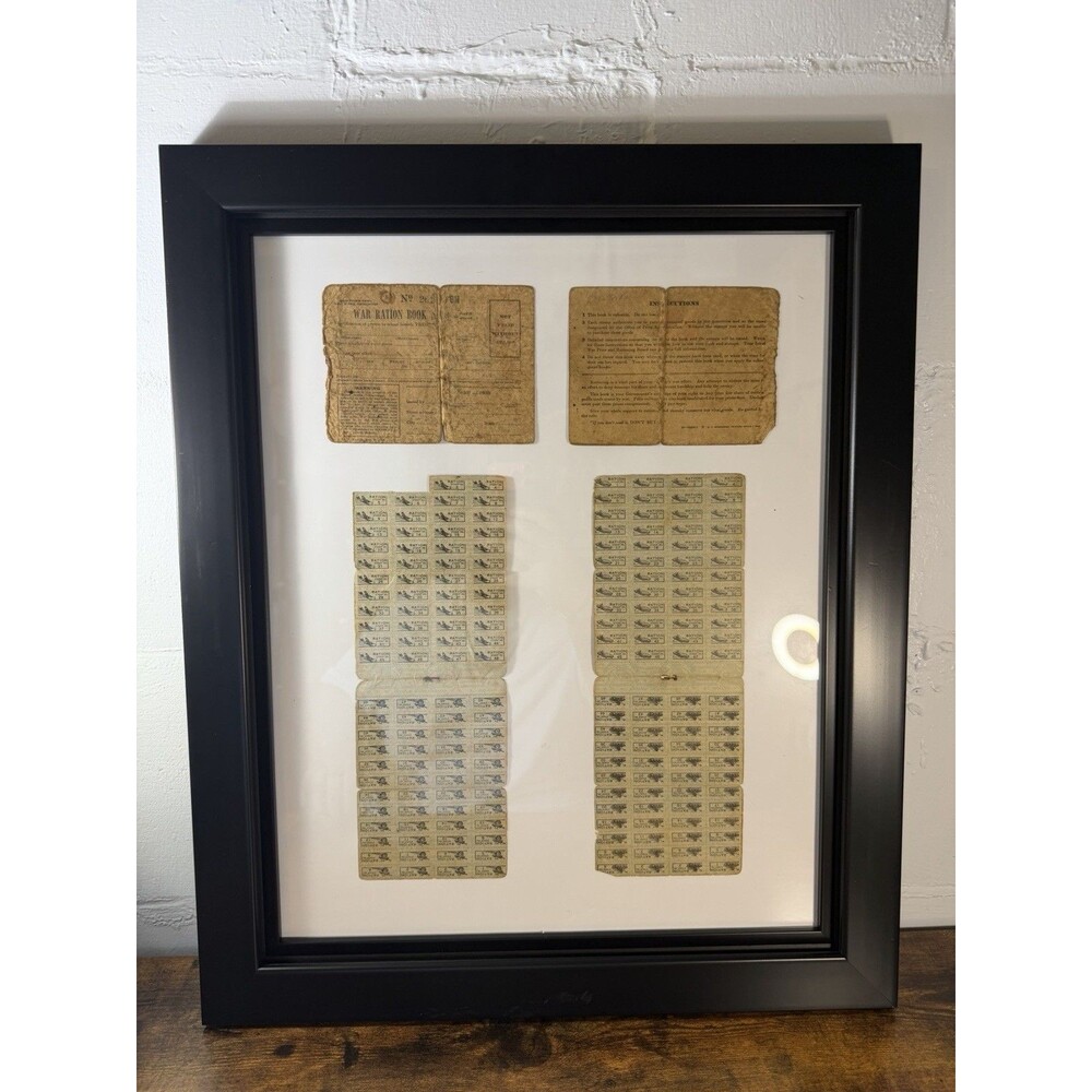 Framed WWII War Ration Book No. 3 Display w/ Unused Stamps 19.5x23.5
